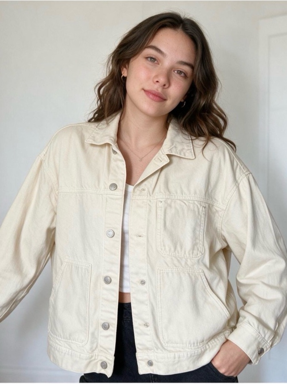 H&M Cream Relaxed Denim Jacket